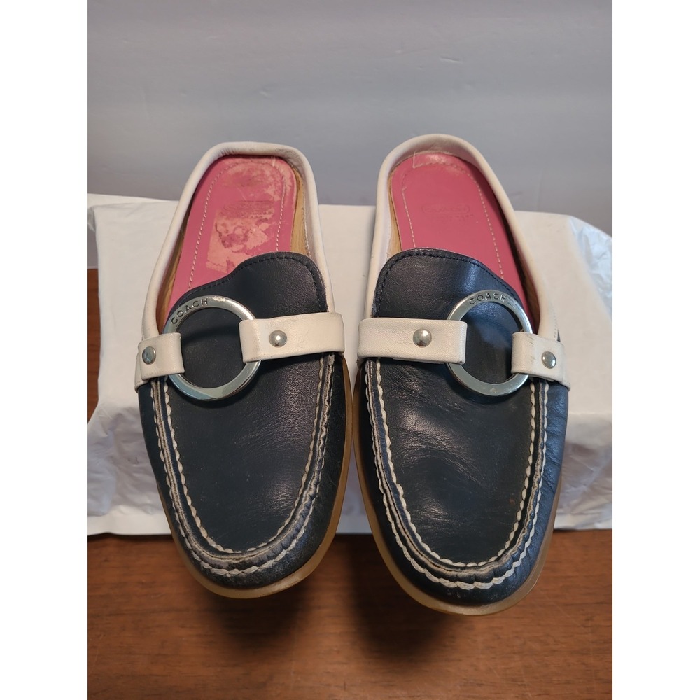 Coach Randi Navy Blue White Leather Slide Mule Shoes Size 6B Buckle P381 A03